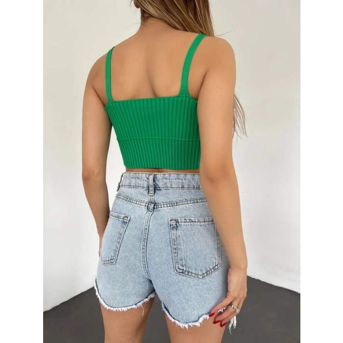 V Yaka Askılı Crop Triko Büstiyer Yeşil - DF2202