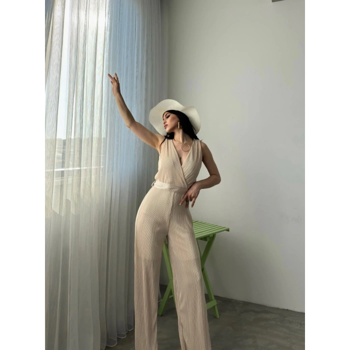 V Yaka Kuşaklı Krinkle Tulum