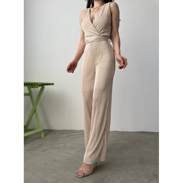 V Yaka Kuşaklı Krinkle Tulum