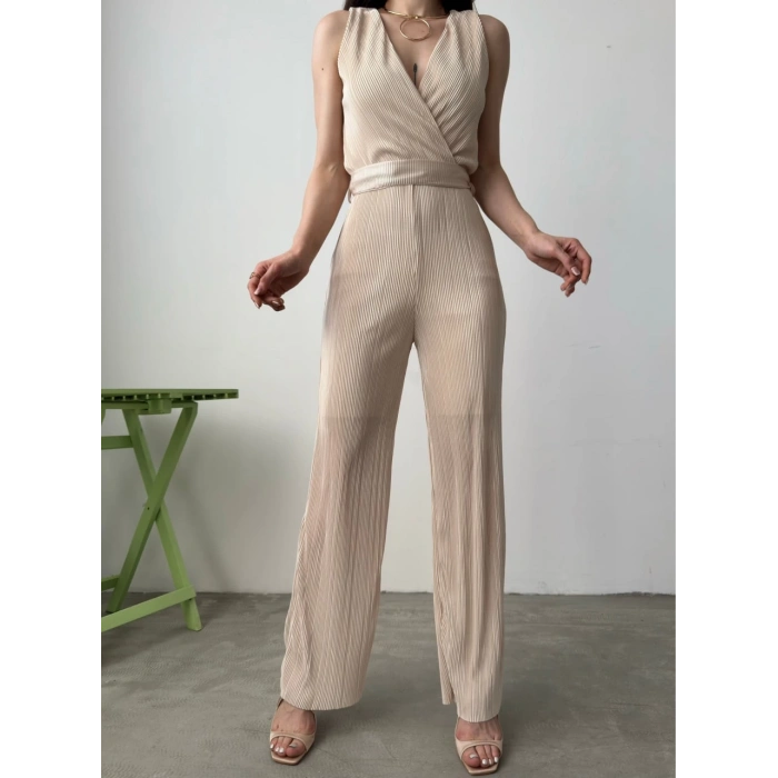 V Yaka Kuşaklı Krinkle Tulum