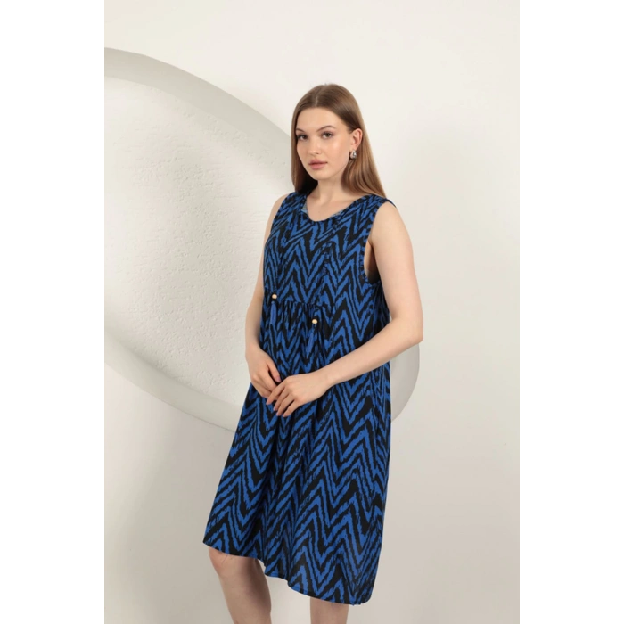 Viskon Kumaş Çizgili Elbise-Saks