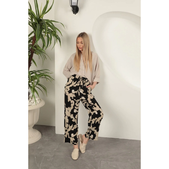 Viskon Kumaş Desenli Pantolon-Siyah