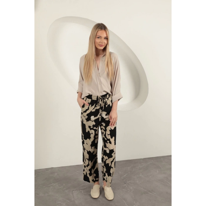 Viskon Kumaş Desenli Pantolon-Siyah