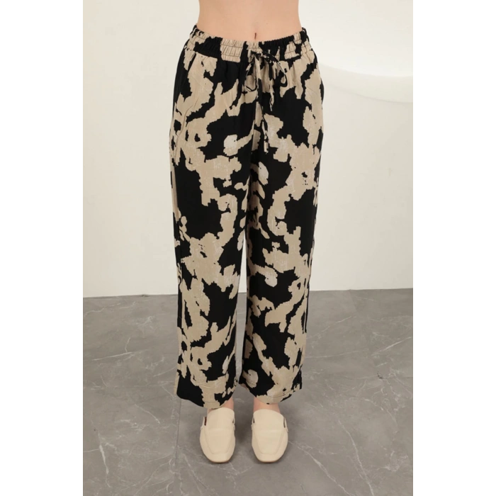 Viskon Kumaş Desenli Pantolon-Siyah