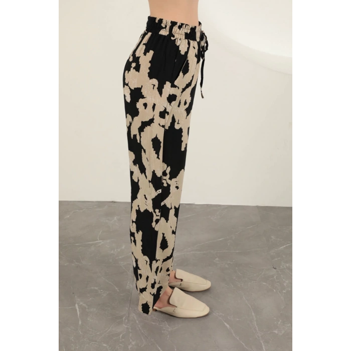 Viskon Kumaş Desenli Pantolon-Siyah