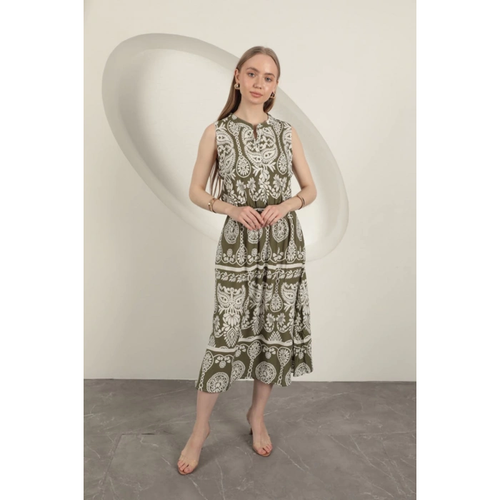 Viskon Kumaş Etnik Desenli Elbise-Haki