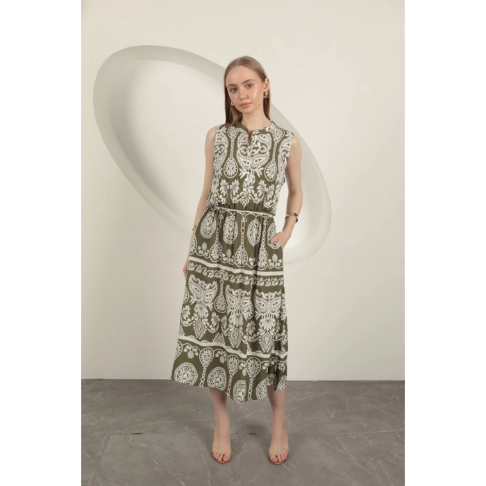 Viskon Kumaş Etnik Desenli Elbise-Haki