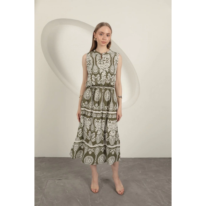Viskon Kumaş Etnik Desenli Elbise-Haki