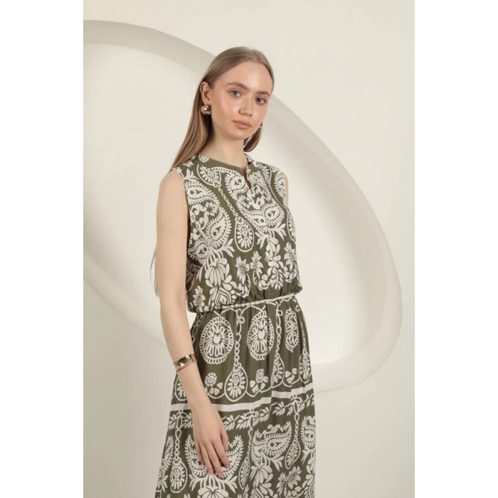 Viskon Kumaş Etnik Desenli Elbise-Haki