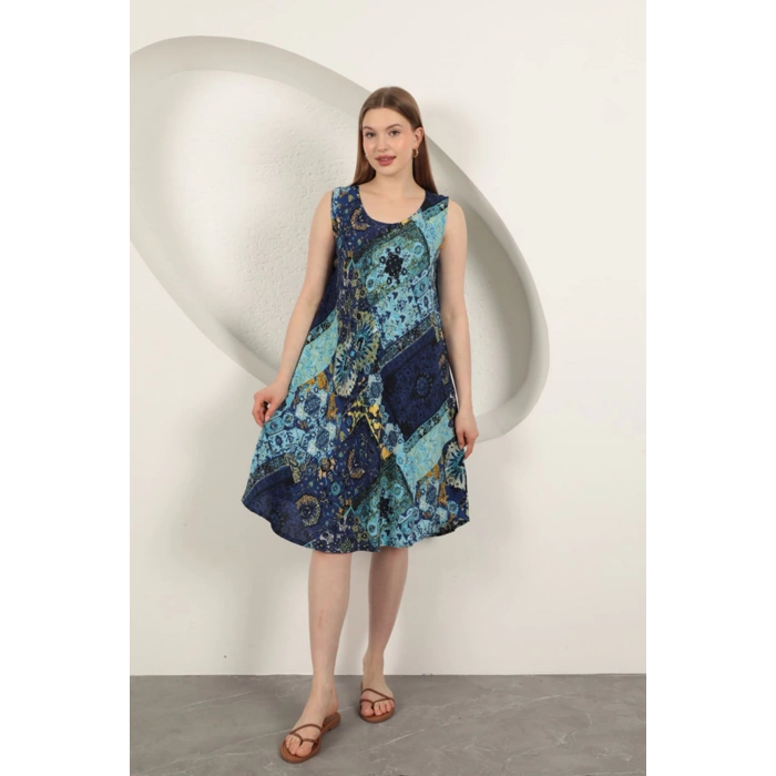 Viskon Kumaş Etnik Desenli Elbise-Saks