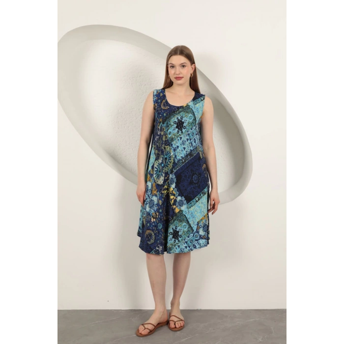 Viskon Kumaş Etnik Desenli Elbise-Saks