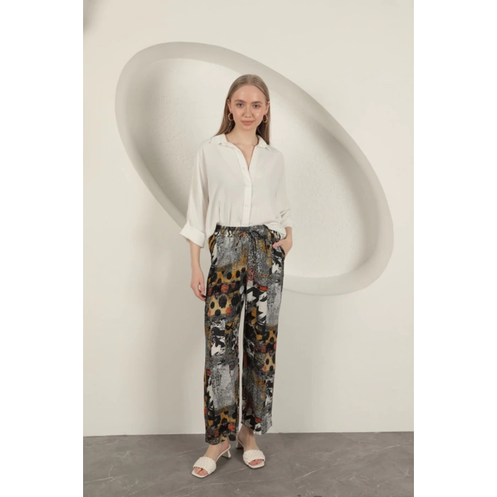 Viskon Kumaş Geniş Kadın Pantolon-Siyah