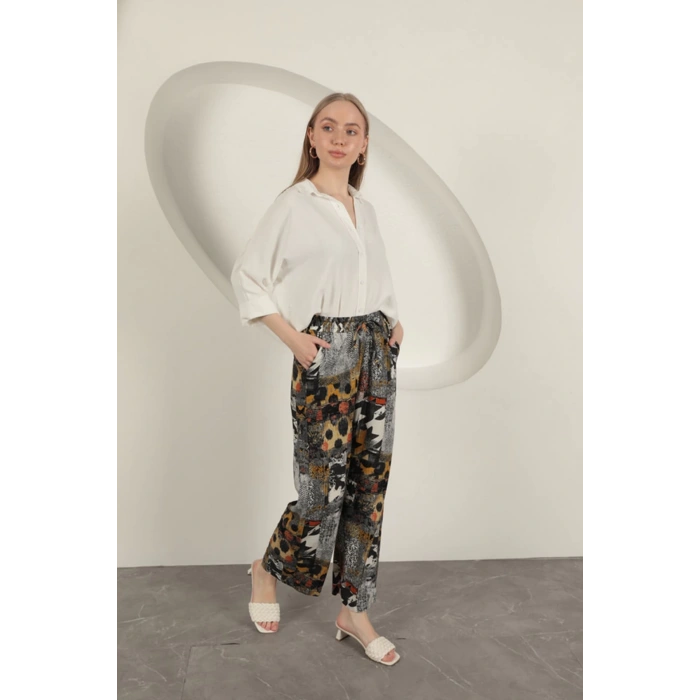 Viskon Kumaş Geniş Kadın Pantolon-Siyah