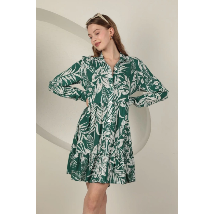 Viskon Kumaş Yaprak Desen Kısa Elbise-Yeşil