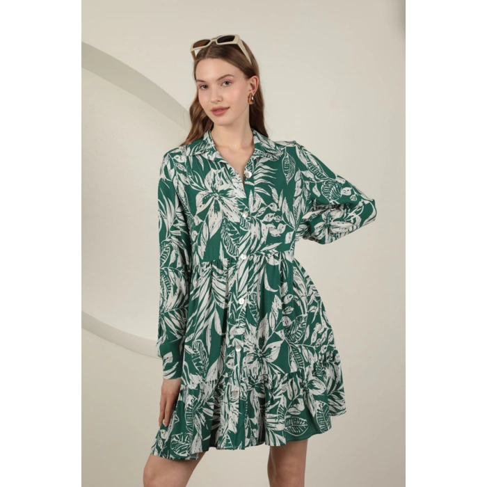 Viskon Kumaş Yaprak Desen Kısa Elbise-Yeşil