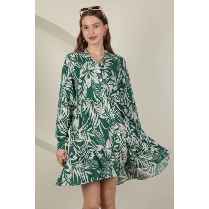 Viskon Kumaş Yaprak Desen Kısa Elbise-Yeşil