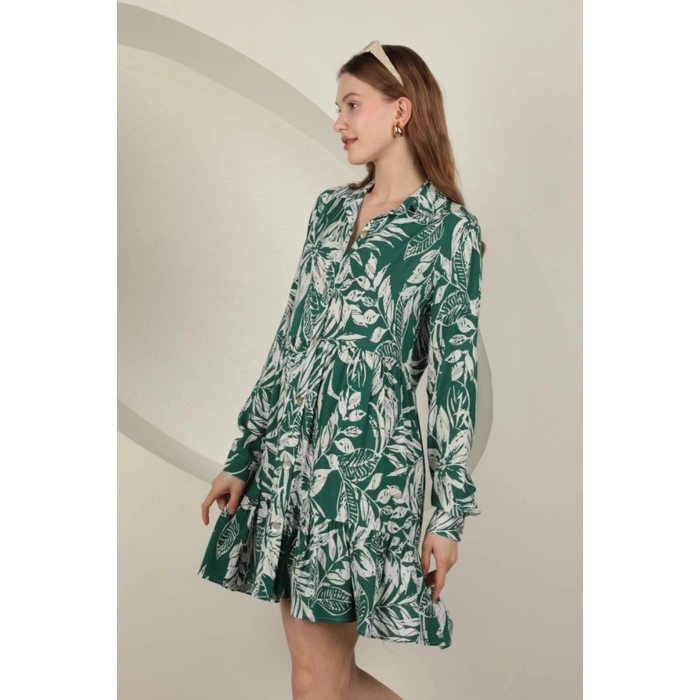 Viskon Kumaş Yaprak Desen Kısa Elbise-Yeşil