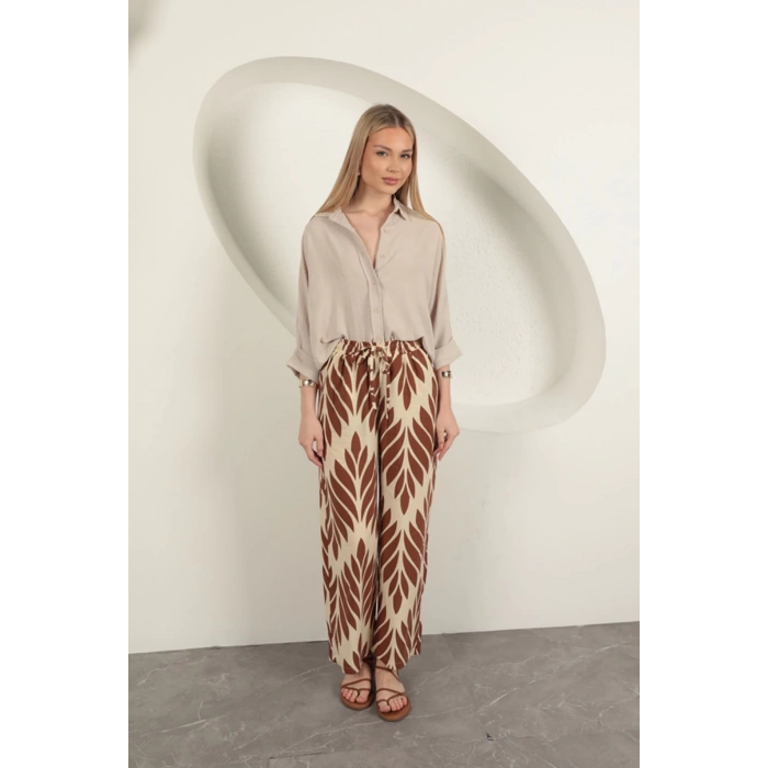 Viskon Kumaş Yaprak Desen Pantolon-Kahve