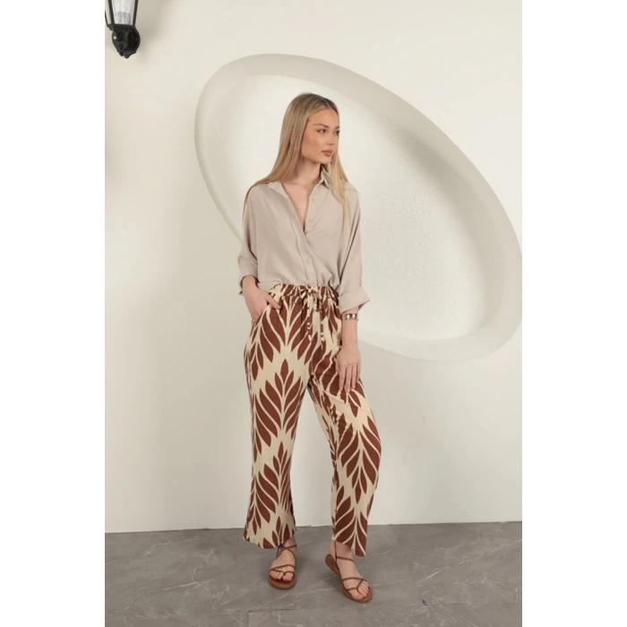Viskon Kumaş Yaprak Desen Pantolon-Kahve