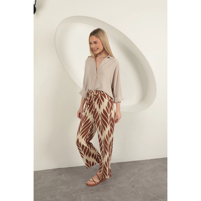 Viskon Kumaş Yaprak Desen Pantolon-Kahve
