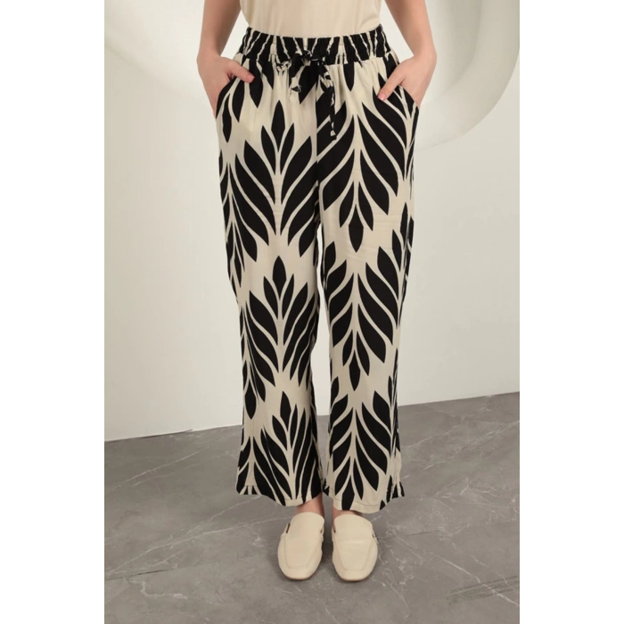 Viskon Kumaş Yaprak Desen Pantolon-Siyah