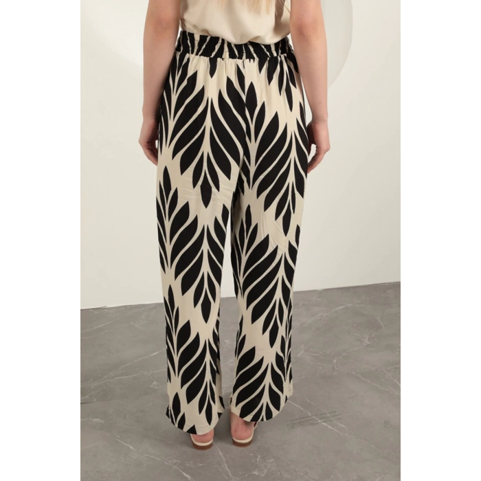 Viskon Kumaş Yaprak Desen Pantolon-Siyah