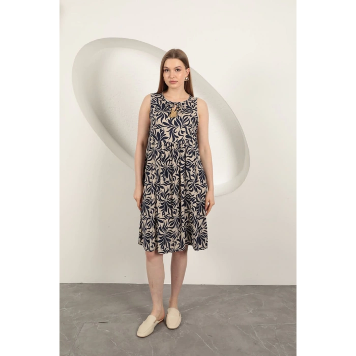 Viskon Kumaş Yaprak Desenli Elbise-Lacivert