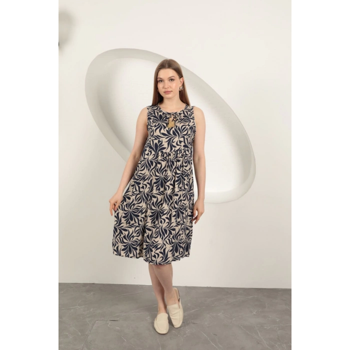 Viskon Kumaş Yaprak Desenli Elbise-Lacivert