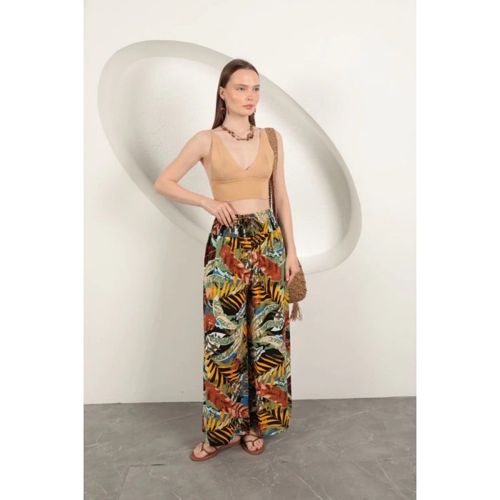 Viskon Kumaş Yaprak Desenli Pantolon-Sarı