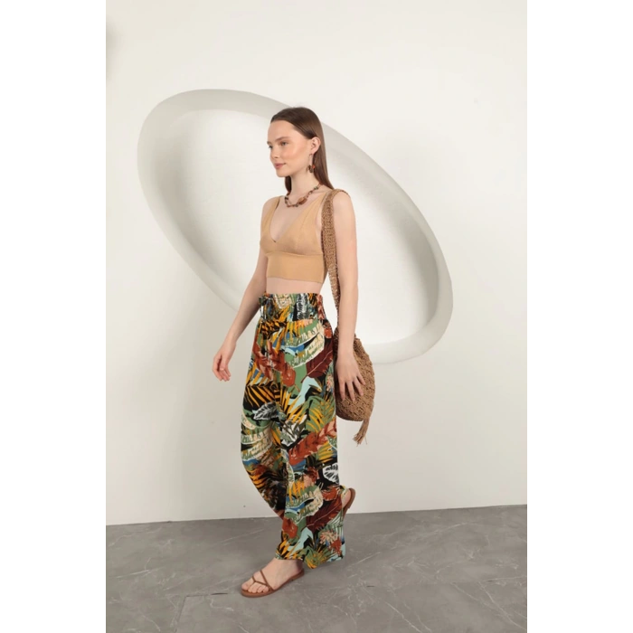 Viskon Kumaş Yaprak Desenli Pantolon-Sarı