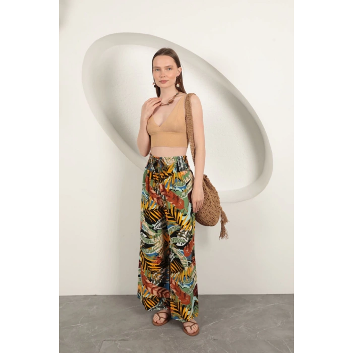 Viskon Kumaş Yaprak Desenli Pantolon-Sarı