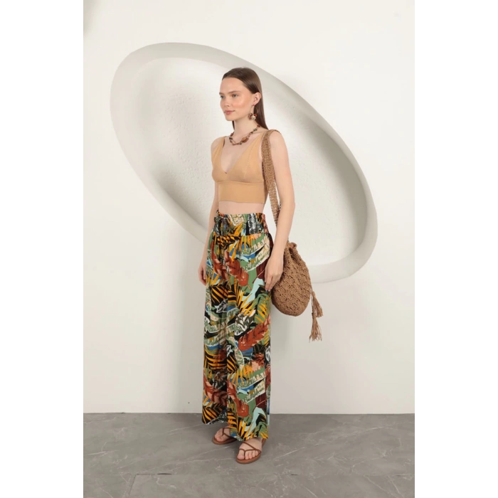 Viskon Kumaş Yaprak Desenli Pantolon-Sarı