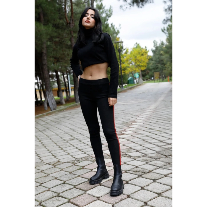 Yan Çift Şeritli Ribana Tayt Siyah - P-020258