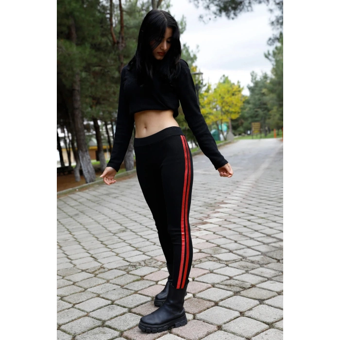 Yan Çift Şeritli Ribana Tayt Siyah - P-020258