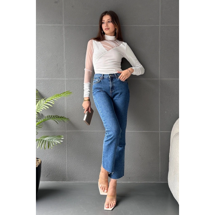 Yarım Balıkçı Tül Detaylı Bluz