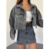 Çift Cepli Yıkamalı Crop Denim Ceket