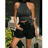 Çizgili Beli Kuşak Detaylı Halter Bluz