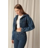 Denim Kumaş Kapüşonlu Kısa Kadın Lacivert Kot Ceket