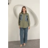 Poplin Kumaş Kot Garnili Haki Kadın Gömlek