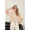 Sıfır Yaka Oversize İki İplik Tişört-Bej