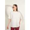 Sıfır Yaka Oversize İki İplik Tişört-Ekru