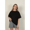 Sıfır Yaka Oversize İki İplik Tişört-Siyah