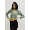 Sırt Lastikli Dekolteli Deri Bluz Yeşil - P-019690