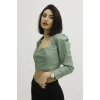 Sırt Lastikli Dekolteli Deri Bluz Yeşil - P-019690