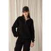 Üç İplik Dik Yaka Yarım Fermuarlı Kadın Siyah Sweat