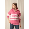 Üç İplik Michigan Baskılı Fermuarlı Kadın Pembe Sweat