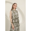 Viskon Kumaş Etnik Desenli Elbise-Haki