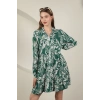Viskon Kumaş Yaprak Desen Kısa Elbise-Yeşil