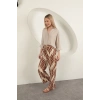 Viskon Kumaş Yaprak Desen Pantolon-Kahve
