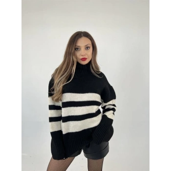 3941 ÇİZGİLİ ŞARDON KAZAK-SİYAH-KREM